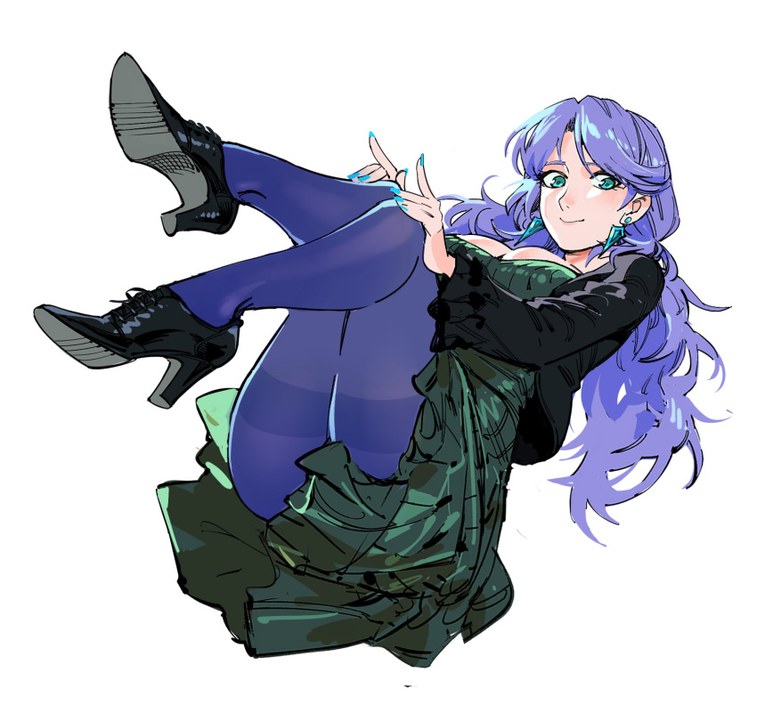 1girl black_footwear black_jacket blue_eyes blue_nails breasts closed_mouth copyright_request dress earrings fingernails green_dress high_heels highres jacket jewelry large_breasts long_hair looking_at_viewer nail_polish open_clothes open_jacket pantyhose purple_hair purple_legwear ruukii_drift simple_background smile solo stud_earrings thighband_pantyhose white_background
