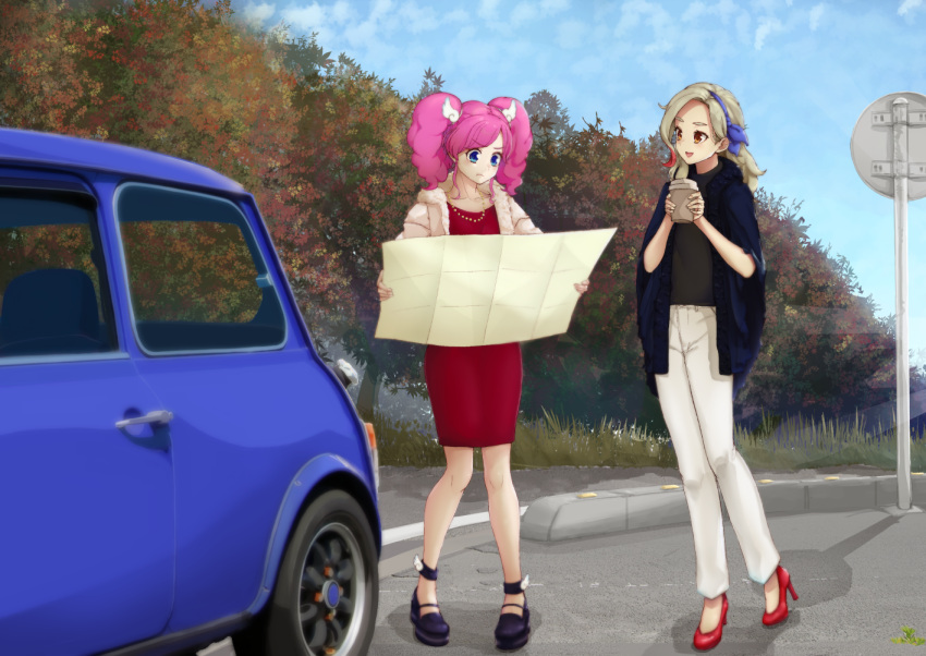 2girls :d :t aikatsu! aikatsu!_(series) amahane_madoka asymmetrical_bangs bangs black_footwear blue_bow blue_coat blue_eyes blue_hairband bow brown_eyes car clouds cloudy_sky coat coffee_cup collarbone commentary_request cup day disposable_cup dress fashion fur_coat fur_trim grass ground_vehicle hair_bow hairband high_heels holding holding_cup holding_map ieya_iemon jewelry knees_together_feet_apart kurosawa_rin_(aikatsu!) light_brown_hair looking_at_another looking_at_map map map_(object) mini_cooper motor_vehicle multicolored_hair multiple_girls necklace no_socks open_mouth outdoors partial_commentary pearl_necklace pink_hair plant_request pout red_dress red_footwear redhead road road_sign shoes sign sky smile standing streaked_hair thick_eyebrows tree turtleneck twintails v-shaped_eyebrows white_coat wing_hair_ornament
