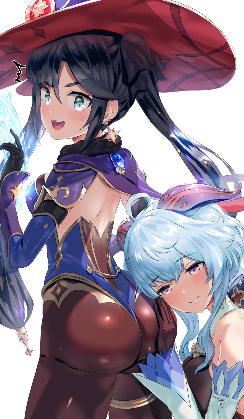 2girls ahoge aqua_eyes ass back bangs bare_shoulders black_gloves black_hair blue_cape blue_hair blue_headwear blue_leotard blush bodystocking breasts brown_legwear cape detached_sleeves earrings elbow_gloves fur_collar ganyu_(genshin_impact) genshin_impact gloves gold_trim hat hat_ornament highleg highleg_leotard highres horns jewelry large_breasts leotard long_hair looking_at_viewer looking_back medium_breasts mona_(genshin_impact) multiple_girls open_mouth pantyhose pendant smile star_(symbol) star_earrings thighlet thighs twintails uenoryoma violet_eyes vision_(genshin_impact) witch_hat