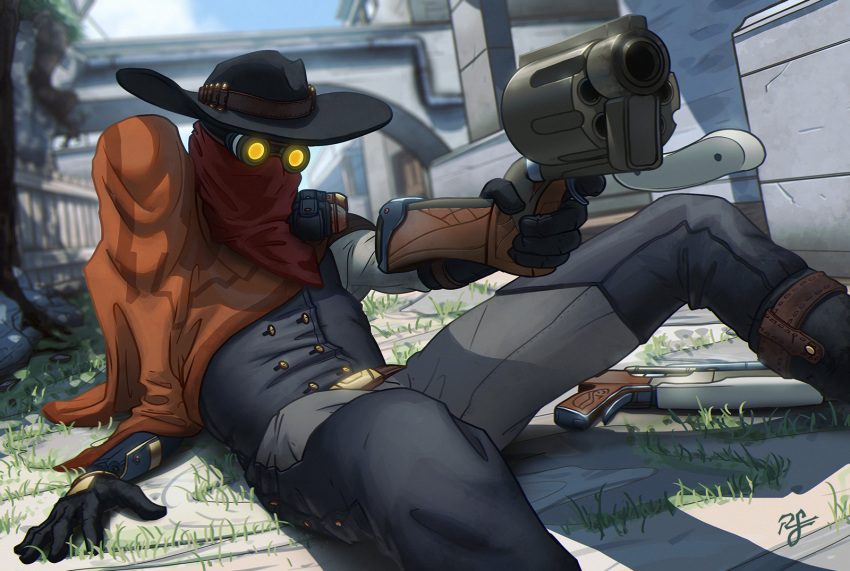 boots cowboy cowboy_boots cowboy_hat gloves glowing glowing_eyes goggles gun hat highres jhin league_of_legends on_ground pointing_at_another poncho red_bandana revolver reynaldo_siqueira vest weapon western yellow_eyes