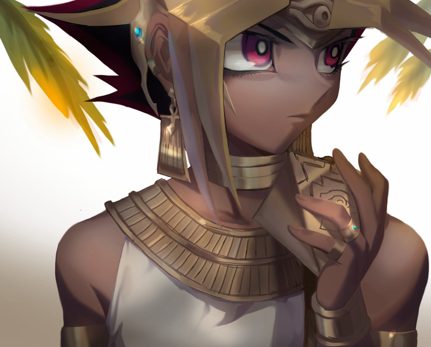 1boy armlet atem black_hair blonde_hair cbow closed_mouth commentary_request dark_skin dark_skinned_male earrings egyptian eyelashes hand_up highres holding jewelry leaf looking_to_the_side male_focus millennium_puzzle multicolored_hair ring solo spiky_hair violet_eyes yu-gi-oh! yu-gi-oh!_duel_monsters