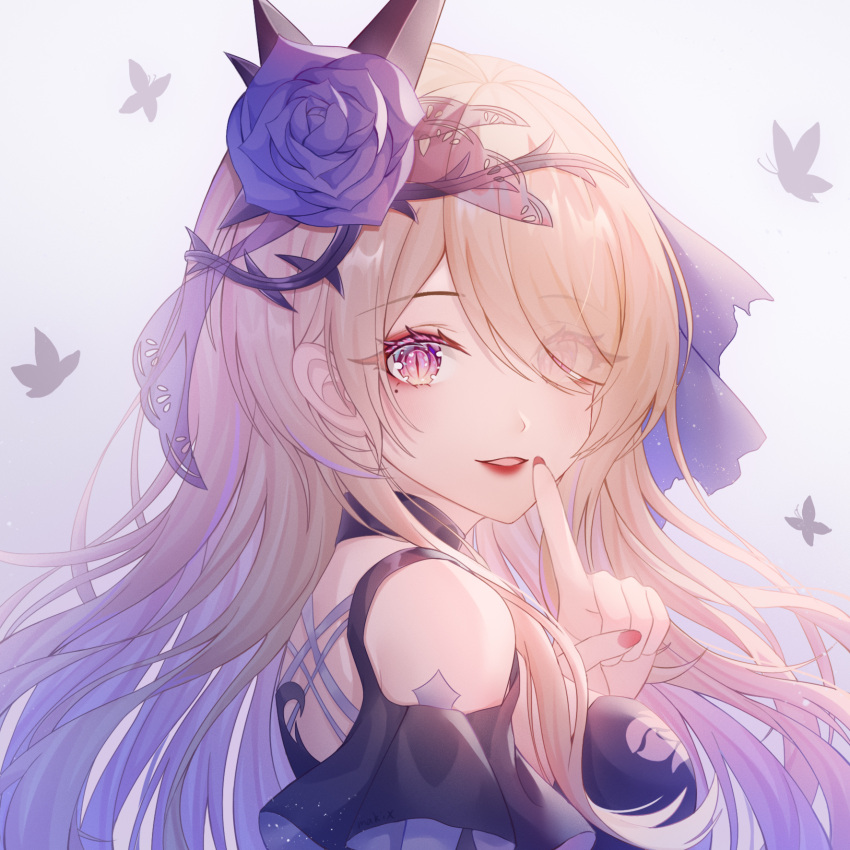 1girl bangs bare_shoulders blonde_hair blue_flower blue_rose breasts bug butterfly choker covered_eyes eyebrows_visible_through_hair eyes_visible_through_hair finger_to_mouth flower hair_flower hair_ornament hair_over_one_eye highres honkai_(series) honkai_impact_3rd insect large_breasts long_hair looking_at_viewer looking_back mole mole_under_eye nail_polish nalukikiki parted_lips pink_eyes rita_rossweisse rose solo thorns violet_eyes white_background
