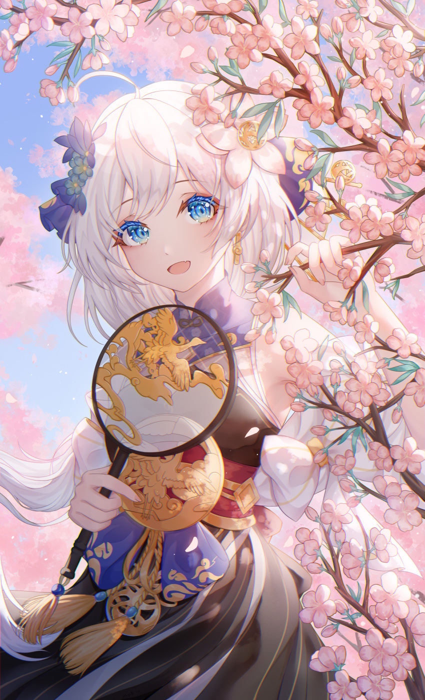1girl absurdres ahoge arm_up armpits bangs bare_shoulders blue_eyes blue_flower dress eyebrows_visible_through_hair fang flower hair_flower hair_ornament hand_up highres holding holding_stick honkai_(series) honkai_impact_3rd long_hair looking_at_viewer nalukikiki open_mouth pink_flower skin_fang sleeveless solo stick theresa_apocalypse white_hair
