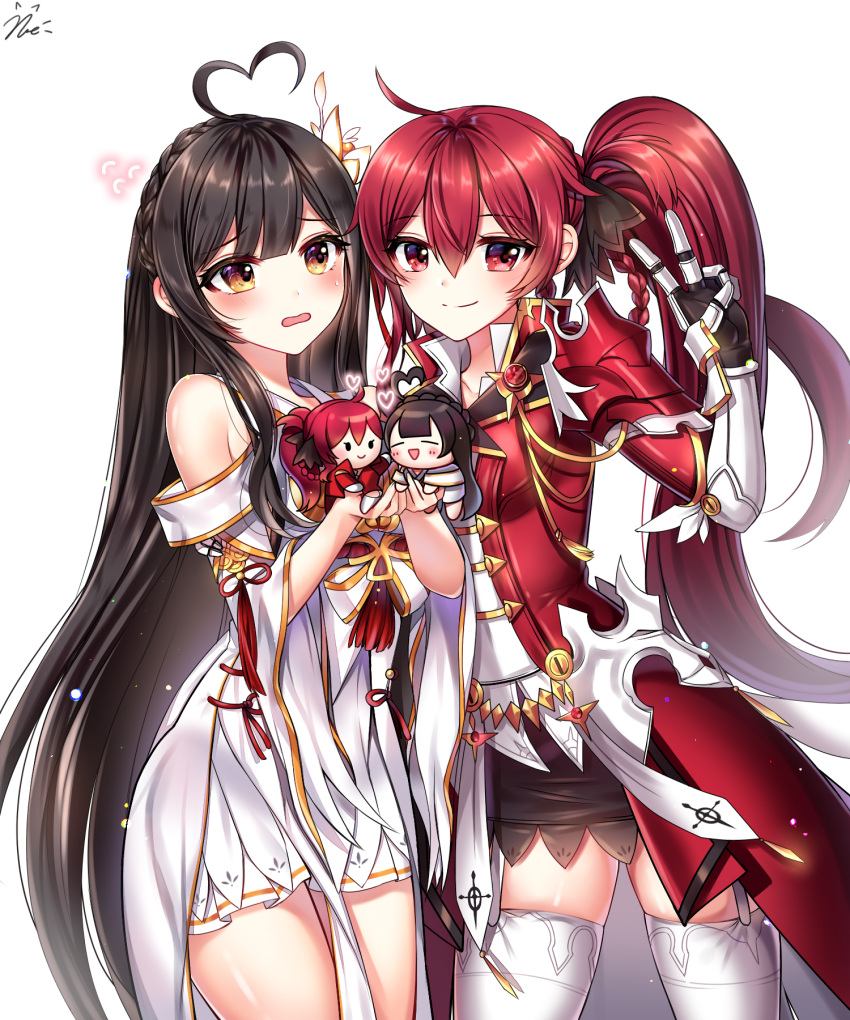 2girls ahoge ara_haan bangs bare_shoulders black_hair black_skirt brown_eyes character_doll character_request collarbone commentary dress elsword eyebrows_visible_through_hair flying_sweatdrops garter_straps gauntlets hair_between_eyes hand_up heart_ahoge highres jacket long_hair long_sleeves multiple_girls red_eyes red_jacket redhead shirt side_ponytail signature skirt standing thigh-highs v very_long_hair white_background white_dress white_legwear white_shirt wide_sleeves xes_(xes_5377)