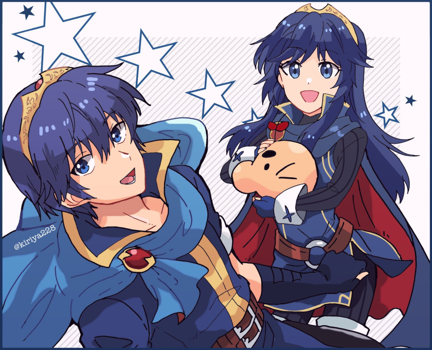 1boy 1girl armor blue_hair blush doseisan fire_emblem fire_emblem:_mystery_of_the_emblem fire_emblem_awakening gloves highres hug kiriya_(552260) long_hair looking_at_viewer lucina_(fire_emblem) marth_(fire_emblem) mother_(game) mother_2 open_mouth quiff smile super_smash_bros. tiara very_long_hair