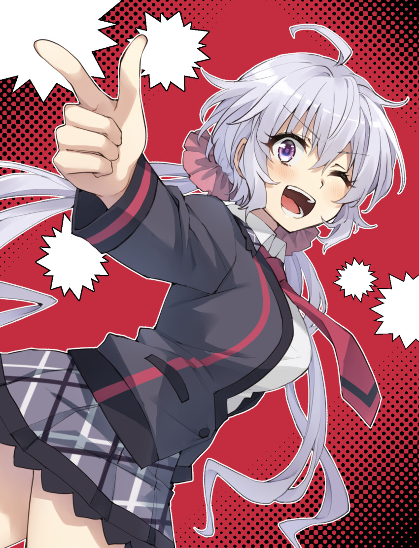 1girl ahoge bangs blush breasts eyebrows_visible_through_hair finger_gun hair_between_eyes highres large_breasts lydian_academy_uniform miniskirt necktie one_eye_closed open_mouth plaid plaid_skirt red_neckwear school_uniform senki_zesshou_symphogear silver_hair skirt solo somechime_(sometime1209) twintails twisted_torso v-shaped_eyebrows violet_eyes yukine_chris