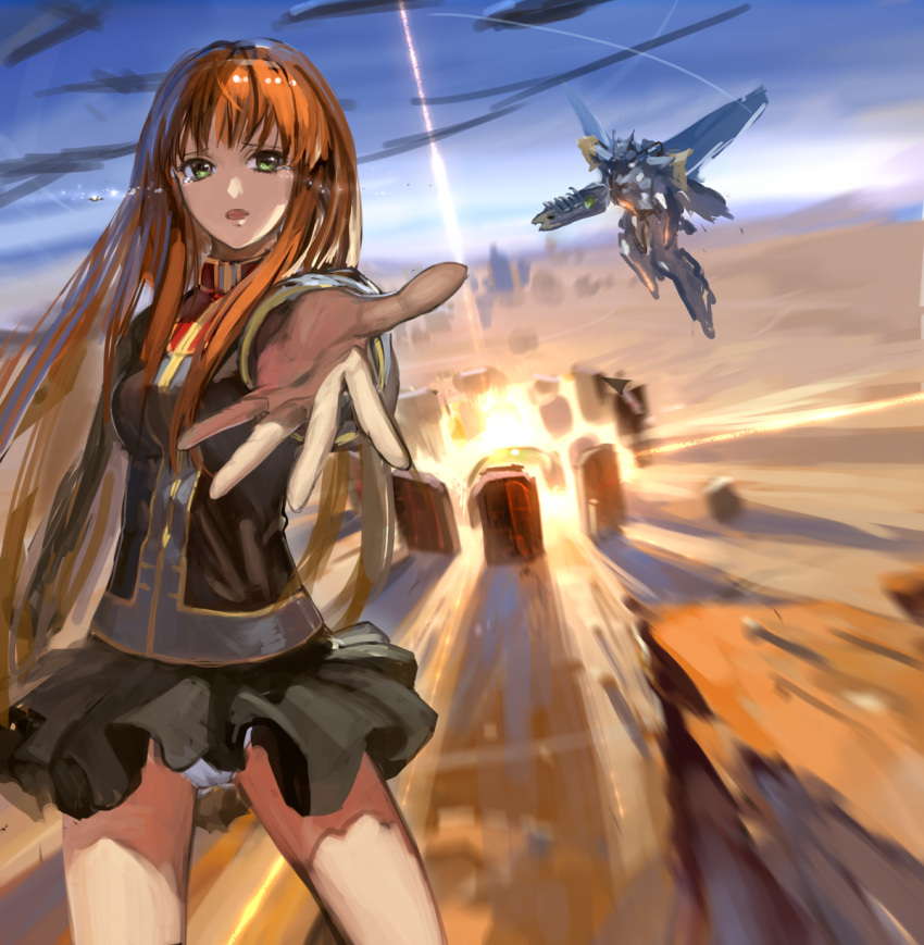 1girl balgora bangs black_skirt breasts brown_hair crying explosion green_eyes gun highres holding holding_gun holding_weapon jeanex looking_at_viewer mecha mechanical_wings military military_uniform open_hand open_mouth outstretched_arm panties pantyshot skirt small_breasts super_robot_wars_z thigh-highs underwear uniform weapon white_panties wind wind_lift wings