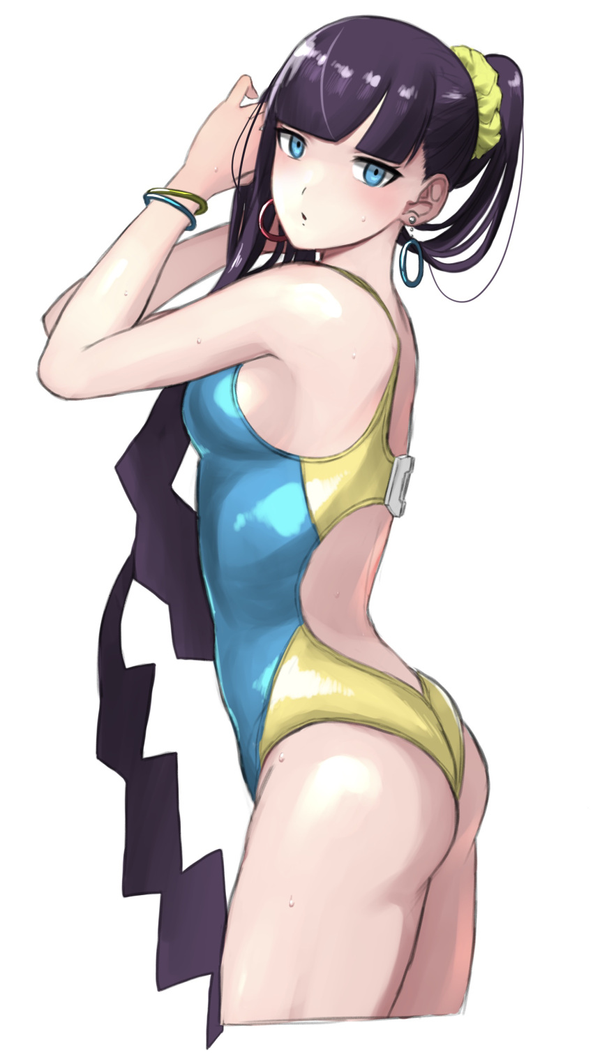 1girl absurdres alternate_costume ass bangs black_hair blue_eyes blunt_bangs blush bracelet breasts commentary_request earrings elesa_(pokemon) from_side hair_ornament hair_scrunchie highres jewelry long_hair looking_at_viewer nishikino_kee one-piece_swimsuit pokemon pokemon_(game) pokemon_bw2 scrunchie shiny shiny_hair solo swimsuit two-tone_swimsuit very_long_hair yellow_scrunchie