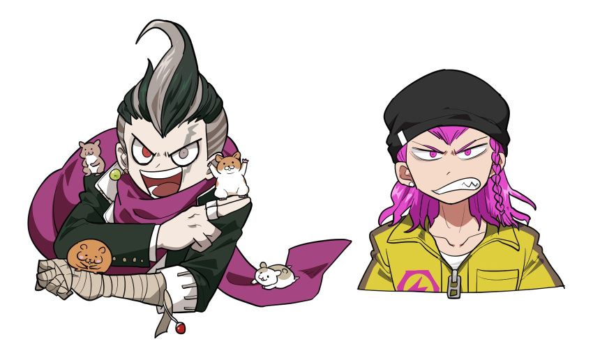 2boys :d bandaged_arm bandages bangs beanie black_hair black_headwear black_jacket braid clenched_teeth collarbone commentary_request cropped_torso dangan_ronpa_(series) dangan_ronpa_2:_goodbye_despair earrings furukawa_(yomawari) grey_eyes grey_hair hair_up hamster hat heterochromia highres jacket jewelry jumpsuit looking_at_viewer male_focus multicolored_hair multiple_boys open_mouth pink_eyes pink_hair purple_scarf red_eyes ring scarf sharp_teeth short_hair simple_background smile souda_kazuichi tanaka_gandamu teeth two-tone_hair white_background