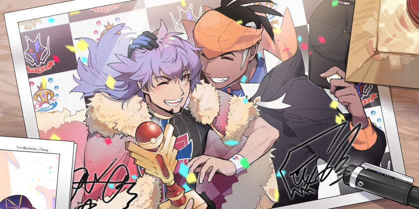 2boys baseball_cap black_headwear black_hoodie blush cape champion_uniform clenched_teeth closed_eyes commentary_request dark_skin dark_skinned_male earrings facial_hair fur-trimmed_cape fur_trim gloves gym_leader hat highres holding holding_clothes holding_hat hood hoodie jewelry leon_(pokemon) long_hair male_focus multiple_boys one_eye_closed open_mouth photo_(object) pokefan_cheng pokemon pokemon_(game) pokemon_swsh purple_hair raihan_(pokemon) red_cape shirt single_glove teeth textless tongue trophy yellow_eyes