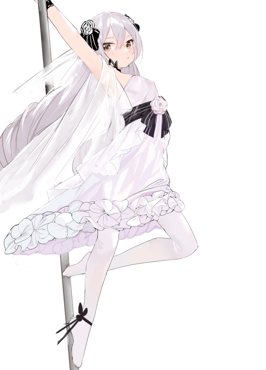 1girl :o absurdres ankle_ribbon arm_up armpits bangs black_ribbon blush bronya_zaychik brown_eyes commentary_request dress flower frilled_dress frills from_side full_body highres honkai_(series) honkai_impact_3rd long_hair looking_at_viewer looking_to_the_side lyk_wuyan no_shoes pantyhose parted_lips pole pole_dancing ribbon rose sash see-through silver_hair simple_background solo very_long_hair white_background white_dress white_flower white_legwear white_rose wristband