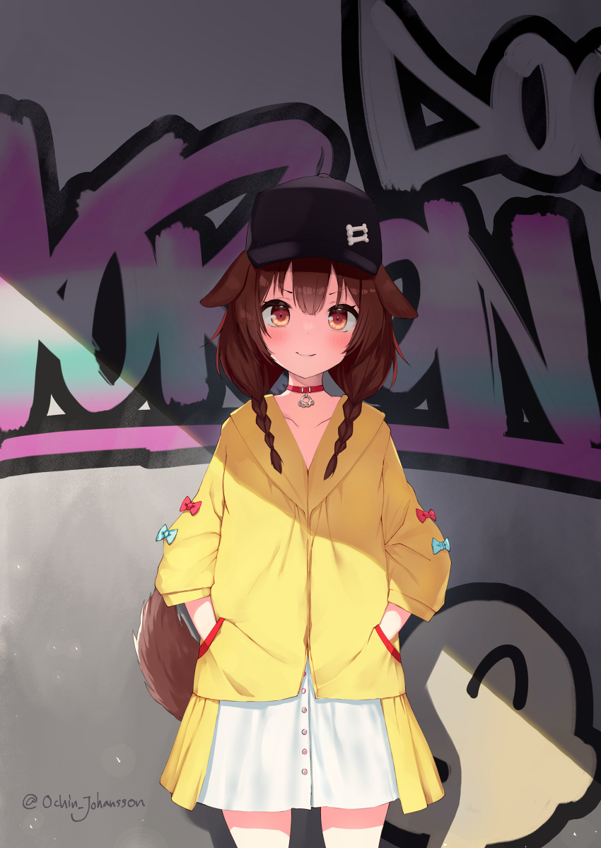 1girl absurdres animal_ears baseball_cap black_headwear blue_bow blush bow braid brown_eyes brown_hair cartoon_bone closed_mouth collar collarbone commentary_request dog_ears dog_girl dog_tail dress graffiti hands_in_pockets hat highres hololive inugami_korone jacket listener_(inugami_korone) long_hair long_sleeves looking_at_viewer low_twintails ochinsama red_bow red_collar smile solo tail twin_braids twintails twitter_username v-shaped_eyebrows virtual_youtuber white_dress yellow_jacket