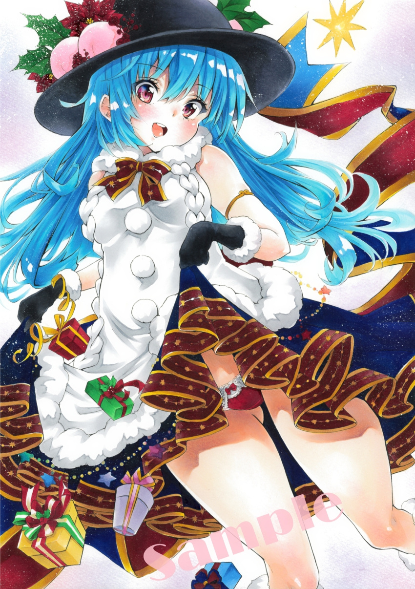 1girl alternate_costume arim0k0 ass_visible_through_thighs bangs black_gloves black_headwear blue_hair blue_skirt blush body_blush bow bow_panties christmas christmas_present commentary_request dress eyebrows_visible_through_hair eyes_visible_through_hair feet_out_of_frame food fruit fur-trimmed_gloves fur_collar fur_trim gift gloves hat highres hinanawi_tenshi leaf long_hair looking_at_viewer open_mouth panties pantyshot peach pom_pom_(clothes) red_bow red_eyes red_panties sample skirt skirt_lift sleeveless sleeveless_dress solo touhou underwear upper_teeth white_background white_dress