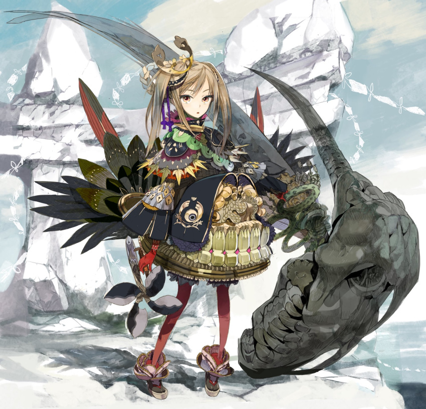 1girl animal_skull blonde_eyelashes blonde_hair bone cliff crown_hair_ornament fangs feathers gold gold_armor highres japanese_clothes kimono okama original red_legwear rock rope sandals scale_armor shimenawa thigh-highs twintails weapon