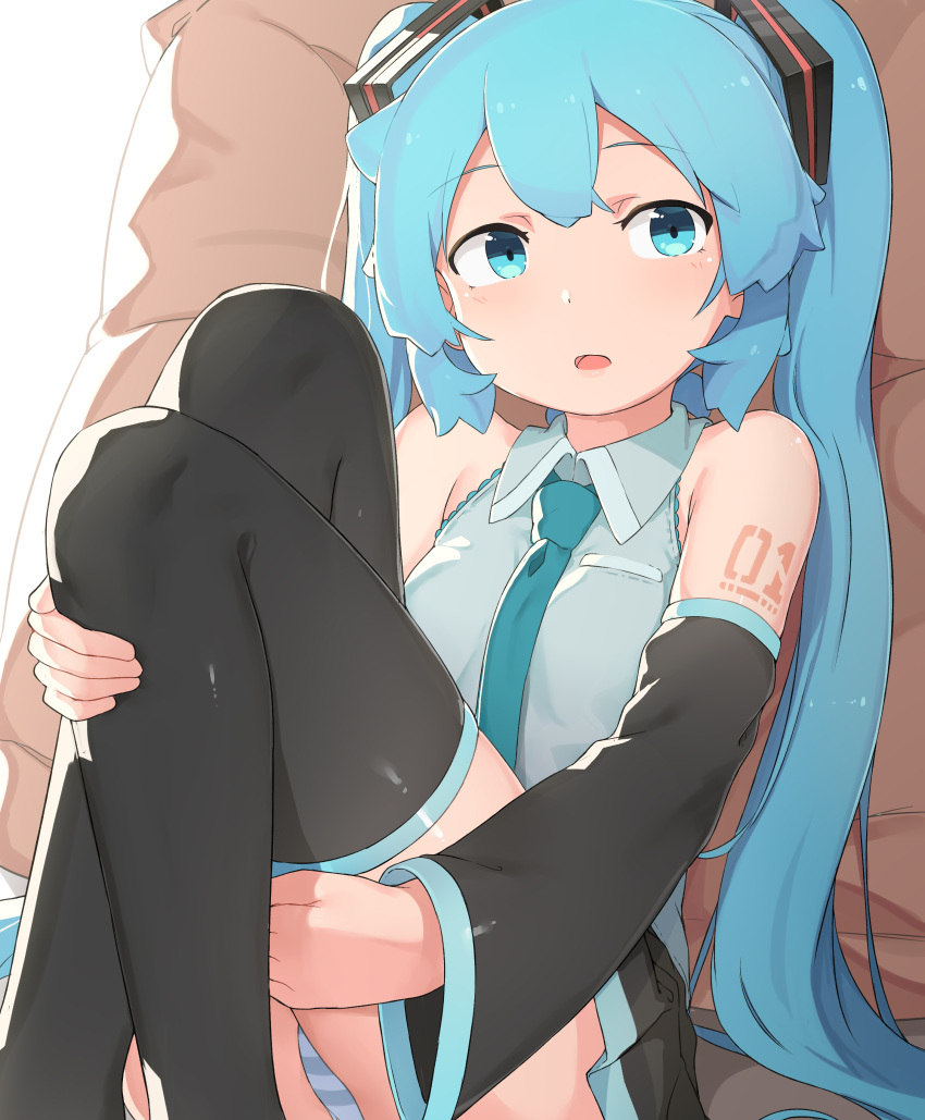 1girl abmayo absurdres aqua_hair ass bangs bare_shoulders black_legwear black_skirt black_sleeves blush breasts collared_shirt commentary detached_sleeves feet_out_of_frame grey_shirt hair_ornament hatsune_miku highres knees_up leg_hug long_hair long_sleeves looking_at_viewer miniskirt necktie open_mouth panties pantyshot pleated_skirt shirt sitting skirt sleeveless sleeveless_shirt small_breasts solo striped striped_panties thigh-highs twintails underwear very_long_hair vocaloid