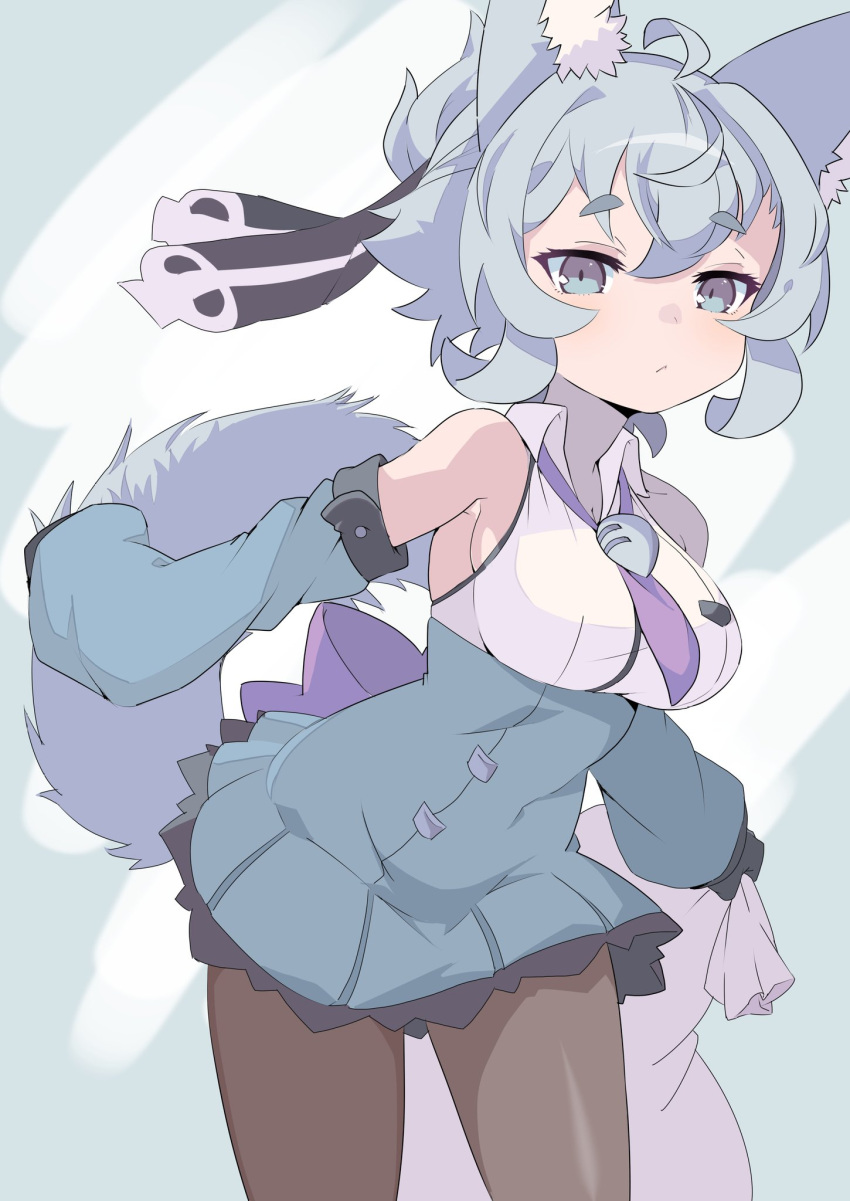 1girl animal_ears black_gloves blue_skirt breasts brown_legwear closed_mouth detached_sleeves fox_ears fox_tail gloves grey_eyes grey_hair high-waist_skirt highres holding holding_sack inukaze_yamu large_breasts long_sleeves looking_at_viewer mini_necktie necktie original pantyhose purple_neckwear sack skirt solo standing tail