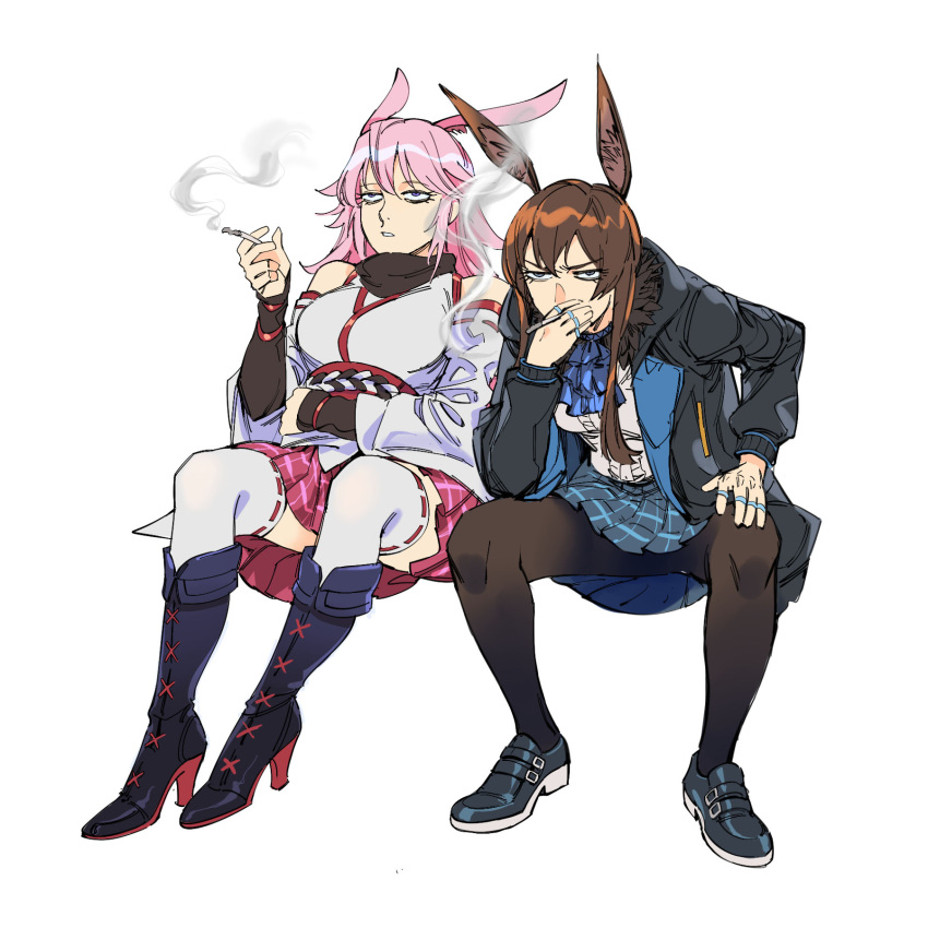 2girls amiya_(arknights) animal_ears arknights bare_shoulders black_footwear boots brown_hair center_frills cigarette coat crossover frills hand_on_own_knee high_heels highres holding holding_cigarette honkai_(series) honkai_impact_3rd invisible_chair knee_boots leaning_forward loafers long_hair multiple_girls pantyhose pink_hair plaid plaid_skirt pleated_skirt ribbon-trimmed_legwear ribbon-trimmed_sleeves ribbon_trim ruukii_drift shoes sitting skirt smoking thigh-highs watermark white_background wide_sleeves yae_sakura