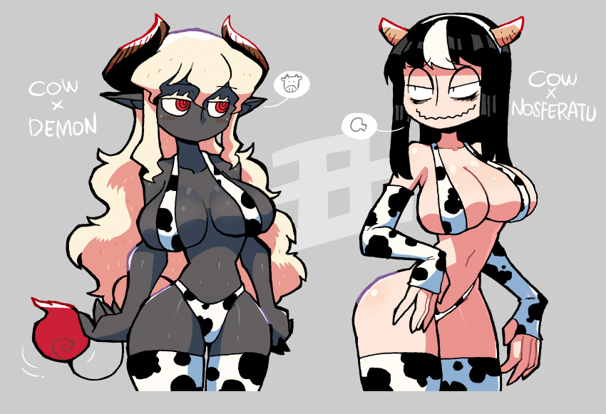 2girls aldegon_(rariatto) animal_print arms_at_sides bikini black_hair blonde_hair blush_stickers breasts chinese_zodiac colored_skin cow_print demon_horns elbow_gloves gloves grey_skin hairband highres horns large_breasts long_hair multicolored_hair multiple_girls navel no_mouth noss_(rariatto) original rariatto_(ganguri) red_eyes ringed_eyes spoken_animal streaked_hair swimsuit tail thigh-highs very_long_hair wavy_mouth white_bikini white_gloves year_of_the_ox