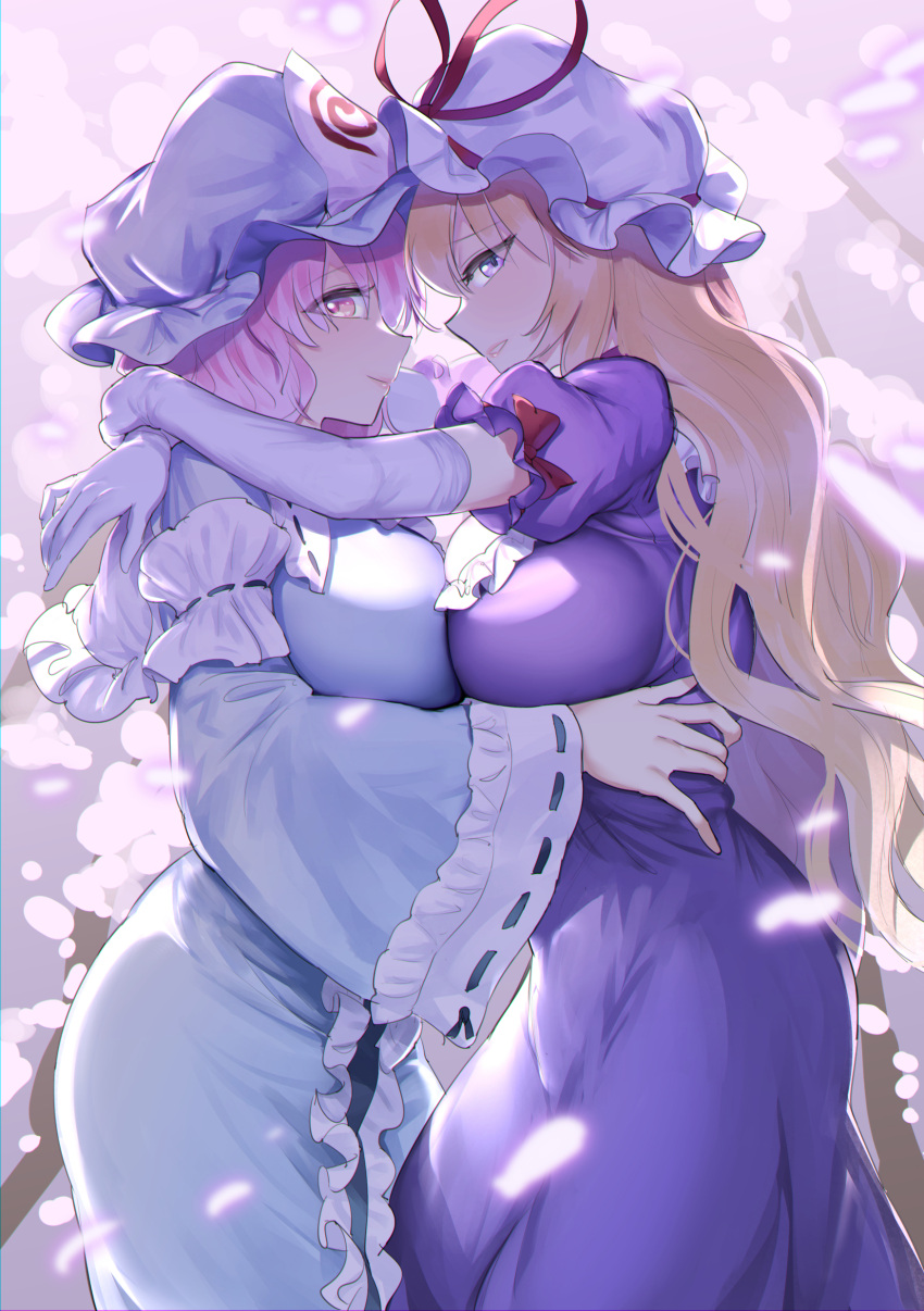 2girls absurdres blonde_hair blue_kimono breast_press commentary dress elbow_gloves gloves gunnjou_yosio hat highres hug japanese_clothes kimono long_hair looking_at_viewer mob_cap multiple_girls parted_lips pink_eyes pink_hair puffy_short_sleeves puffy_sleeves purple_dress ribbon-trimmed_sleeves ribbon_trim saigyouji_yuyuko short_hair short_sleeves smile symmetrical_docking touhou violet_eyes wavy_hair white_gloves wide_sleeves yakumo_yukari yuri