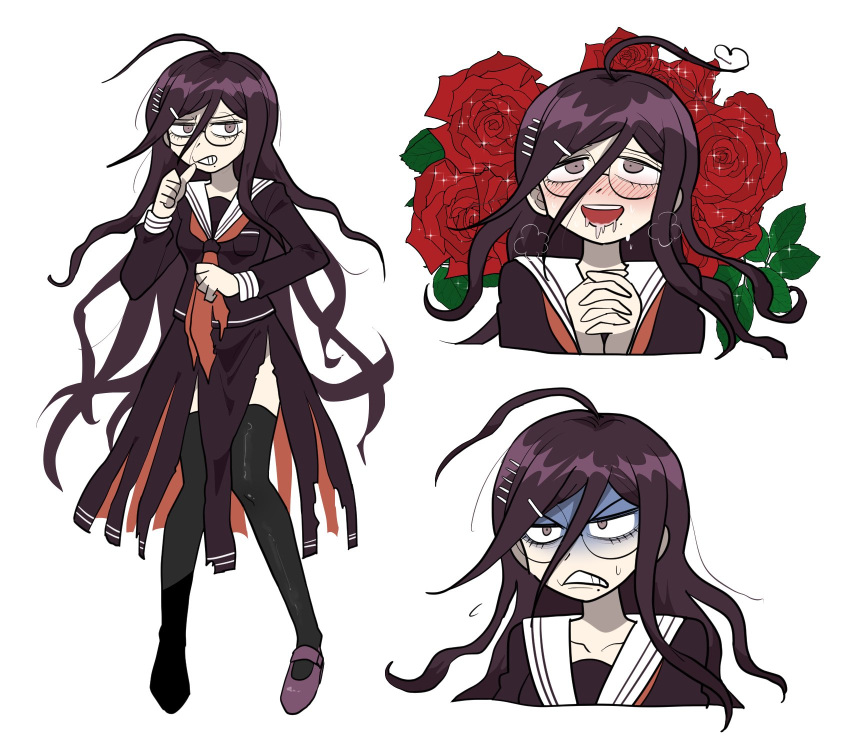 1girl :d ahoge bangs black_legwear breast_pocket clenched_teeth collarbone dangan_ronpa:_trigger_happy_havoc dangan_ronpa_(series) flower full_body furukawa_(yomawari) genocider_shou glasses hair_ornament hairclip hands_clasped heart_ahoge highres long_hair long_skirt long_sleeves looking_at_viewer messy_hair mole mole_under_mouth multiple_views neckerchief open_mouth own_hands_together pocket red_eyes red_flower red_rose rose round_eyewear sailor_collar school_uniform serafuku shaded_face shoes simple_background skirt smile standing teeth thigh-highs tongue torn_clothes torn_skirt upper_body very_long_hair white_background