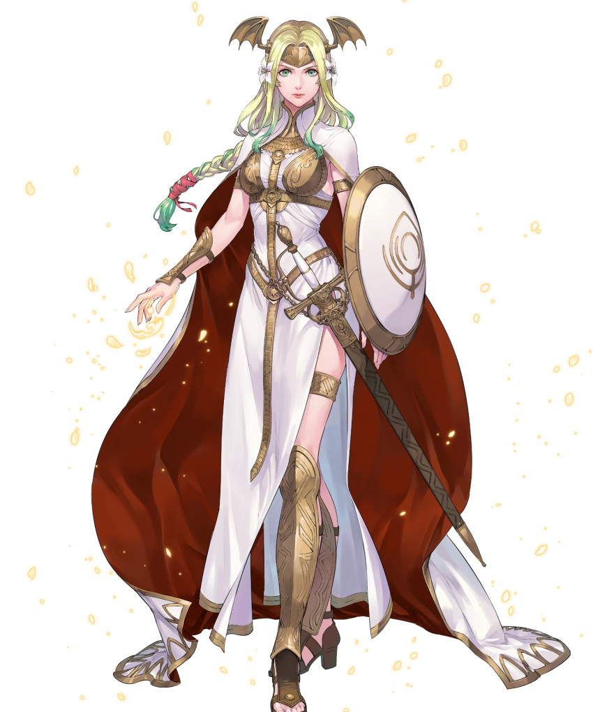 1girl arm_guards armor aureolin31 blonde_hair braid cape chain closed_mouth dress fingernails fire_emblem fire_emblem:_three_houses fire_emblem_heroes flower gradient gradient_hair green_eyes green_hair hair_flower hair_ornament high_heels highres lips long_dress long_hair looking_at_viewer low-tied_long_hair multicolored_hair official_art open_toe_shoes sandals seiros_(fire_emblem) sheath sheathed shield single_braid sleeveless sleeveless_dress solo standing sword thigh_strap tied_hair toes transparent_background two-tone_hair weapon white_dress