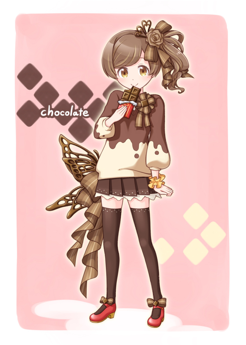1girl bangs black_legwear black_skirt blush bow brown_bow brown_eyes brown_flower brown_hair brown_rose brown_shirt candy chocolate chocolate_bar closed_mouth eyebrows_visible_through_hair flower food full_body hair_bow highres holding holding_food long_sleeves looking_at_viewer original personification pleated_skirt puffy_long_sleeves puffy_sleeves red_footwear rose sansei_rain scrunchie shirt shoes side_ponytail skirt smile solo standing striped striped_bow swept_bangs thigh-highs wrist_scrunchie yellow_scrunchie