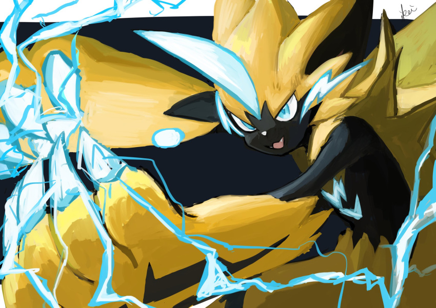 1boy :3 animal_ears animal_nose arms_up artist_name black_fur blue_background blue_eyes body_fur cat_boy cat_ears claws commentary_request electricity fangs furry gen_7_pokemon happy highres ikei jpeg_artifacts legendary_pokemon male_focus mythical_pokemon open_mouth outstretched_arms pawpads paws pokemon pokemon_(creature) signature simple_background smile solo standing two-tone_fur whiskers yellow_fur zeraora