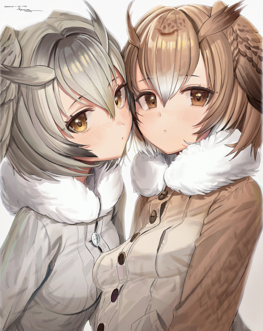2girls absurdres bangs blush breasts brown_eyes brown_hair brown_jacket buttons closed_mouth dated eurasian_eagle_owl_(kemono_friends) eyebrows_visible_through_hair freng fur_collar gradient_hair grey_jacket head_wings highres huge_filesize jacket kemono_friends looking_at_viewer multicolored_hair multiple_girls northern_white-faced_owl_(kemono_friends) short_hair signature silver_hair simple_background small_breasts upper_body white_background yellow_eyes