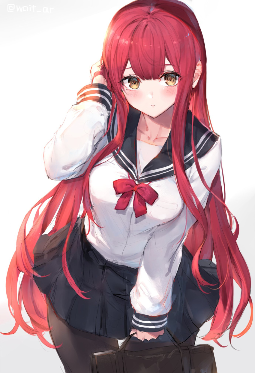 1girl bangs black_legwear blush bow breast_pocket breasts closed_mouth collarbone copyright_request eyebrows_visible_through_hair hand_in_hair highres large_breasts leggings light_rays long_hair long_sleeves looking_at_viewer orange_eyes original oyu_(sijimisizimi) pocket red_bow redhead sailor_collar shirt simple_background solo standing sunlight very_long_hair white_shirt