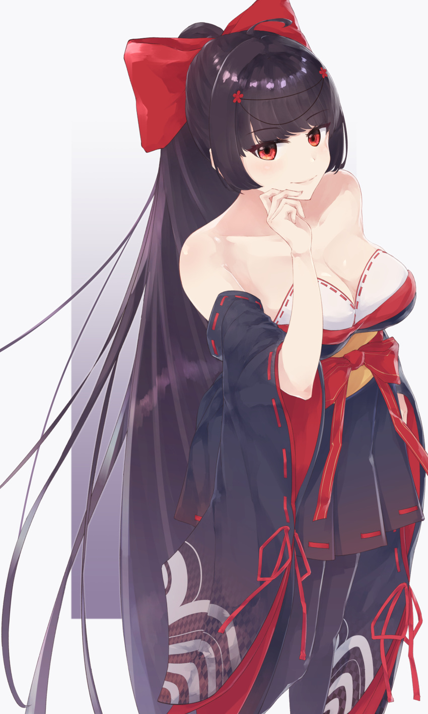 1girl absurdres agano_(azur_lane) artist_request azur_lane bare_shoulders bow breasts detached_sleeves dress eyebrows_visible_through_hair highres large_breasts long_hair pantyhose ponytail red_bow red_eyes red_ribbon ribbon sash short_dress simple_background solo strapless strapless_dress very_long_hair white_background wide_sleeves yellow_sash