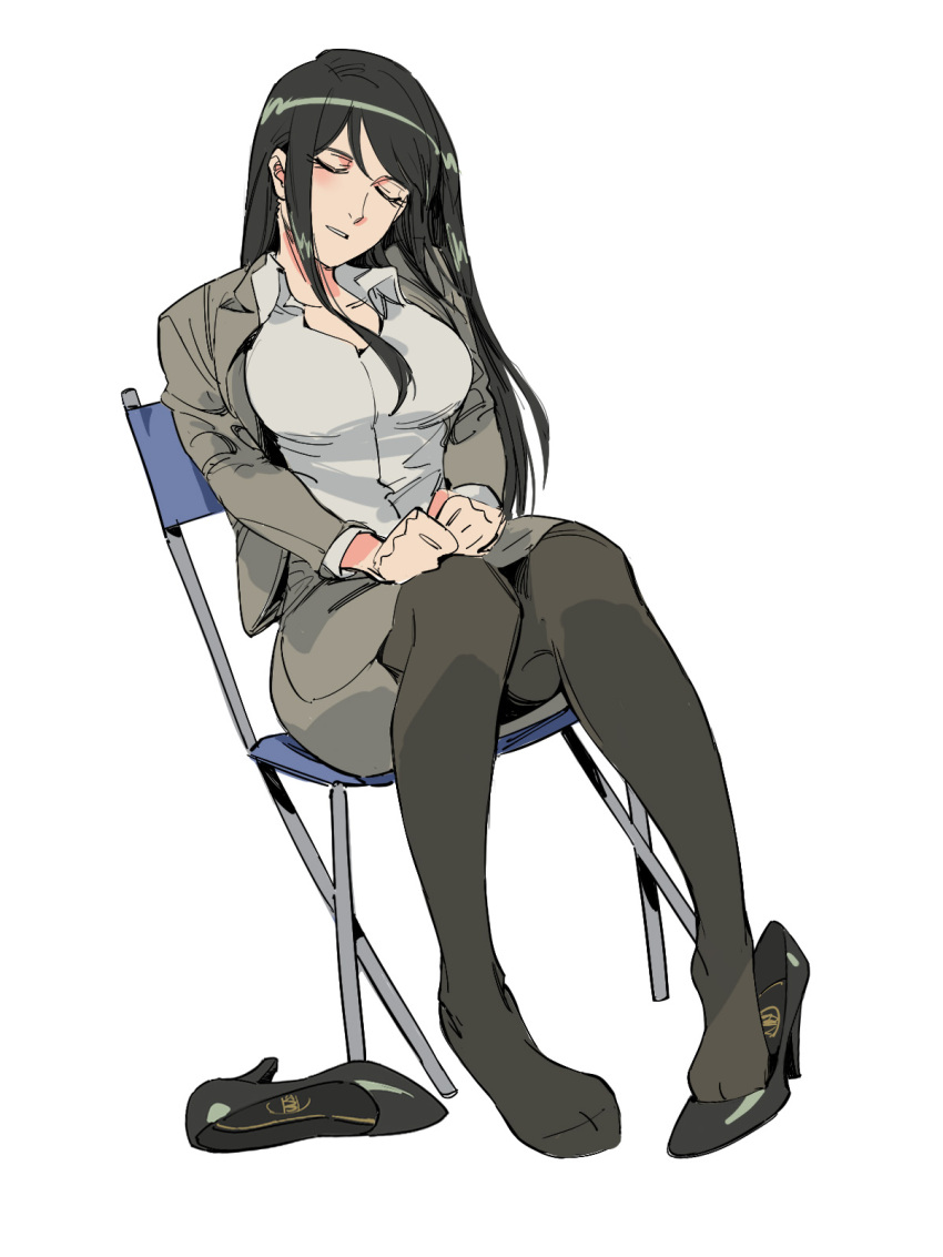 1girl black_footwear black_hair black_legwear breasts chair closed_eyes collared_shirt copyright_request director's_chair dutch_angle formal grey_shirt grey_skirt hands_on_lap head_tilt high_heels highres large_breasts long_hair miniskirt on_chair pantyhose parted_lips ruukii_drift shirt shoes_removed simple_background sitting skirt skirt_suit sleeping sleeping_upright solo suit taut_clothes taut_skirt white_background wing_collar