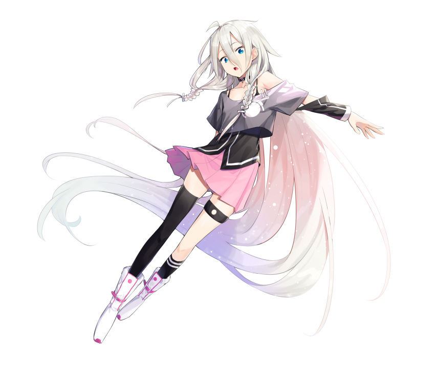 1girl absurdly_long_hair ahoge bangs bare_shoulders black_legwear black_shirt blue_eyes boots braid breasts cevio commentary floating floating_hair full_body gradient_hair hair_between_eyes hair_tie highres ia_(vocaloid) knee_boots kneehighs light_particles long_hair looking_at_viewer miniskirt multicolored_hair off-shoulder_shirt off_shoulder outstretched_arm overlord_(overlord80000) pink_hair pink_skirt platinum_blonde_hair pleated_skirt shirt single_kneehigh single_thighhigh skirt solo thigh-highs thigh_strap twin_braids very_long_hair vocaloid white_footwear