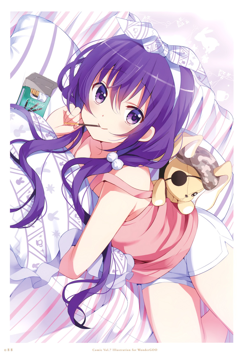 1girl absurdres bangs closed_mouth collarbone dolphin_shorts eyebrows_visible_through_hair gochuumon_wa_usagi_desu_ka? hair_between_eyes hair_over_shoulder highres koi_(koisan) long_hair looking_at_viewer low_twintails lying mouth_hold on_side pink_shirt purple_hair shiny shiny_hair shirt short_shorts shorts sleeveless sleeveless_shirt smile solo striped_pillow tedeza_rize twintails very_long_hair violet_eyes white_shorts