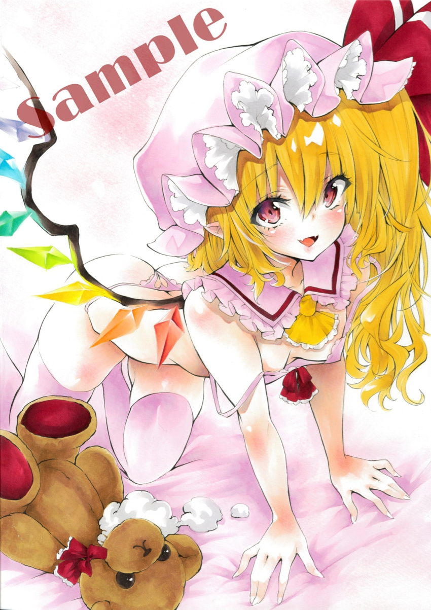 1girl all_fours arim0k0 bangs blonde_hair bow bra breasts clothing_cutout commentary_request crystal eyebrows_visible_through_hair eyes_visible_through_hair fangs flandre_scarlet frilled_hat frills hair_between_eyes hat hat_ribbon heart_cutout highres looking_at_viewer medium_hair mob_cap one_side_up open_mouth panties pink_bra pink_headwear pink_legwear pink_panties pointy_ears red_bow red_eyes red_ribbon ribbon sample small_breasts solo strap_slip stuffed_animal stuffed_toy stuffing teddy_bear thigh-highs touhou underwear wings