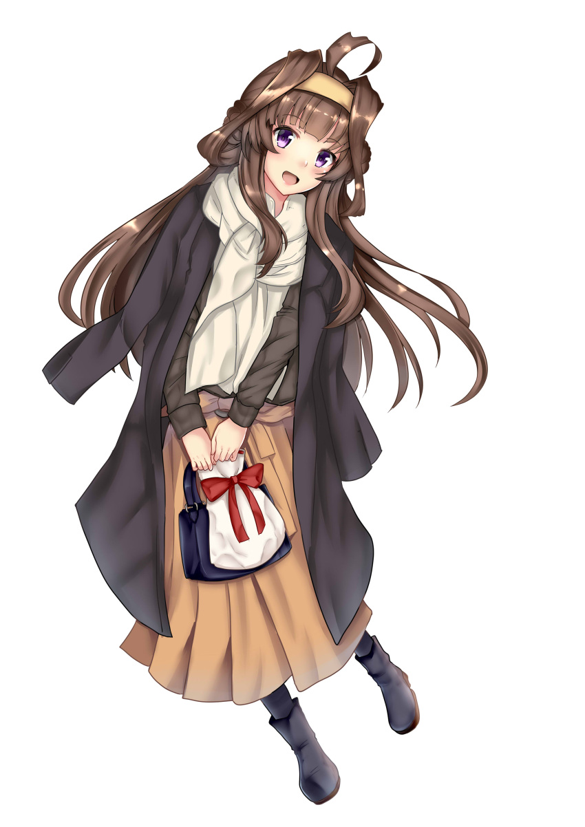1girl absurdres ahoge bag beige_skirt black_coat black_sweater breasts brown_eyes brown_hair coat coat_on_shoulders double_bun fire_maxs full_body hairband handbag highres kantai_collection kongou_(kantai_collection) long_hair long_skirt long_sleeves looking_at_viewer official_alternate_costume orange_skirt scarf skirt solo sweater white_scarf
