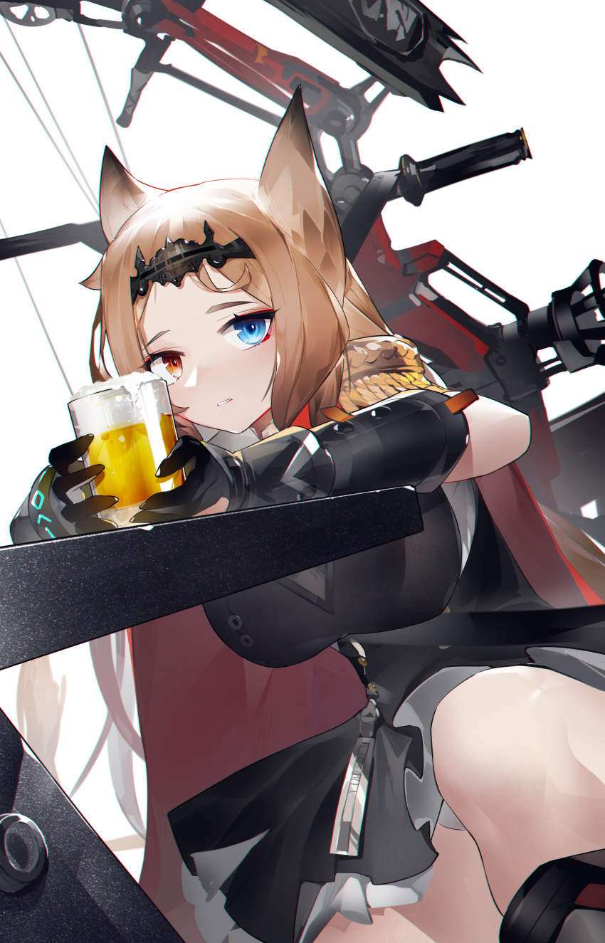 1girl absurdres alcohol animal_ears archetto_(arknights) arknights beer beer_mug black_dress black_gloves blonde_hair blue_eyes bow_(weapon) breasts cape commentary_request compound_bow cup dress elbow_gloves epaulettes gauntlets gloves heterochromia highres holding holding_cup looking_at_viewer mug parted_hair parted_lips petticoat red_cape red_eyes simple_background solo tiara weapon white_background yushi_ketsalkoatl