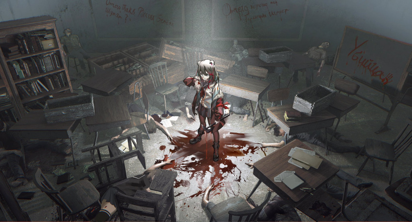 1girl animal_ears arknights arm_up axe bangs bear_ears bear_girl black_footwear black_hair black_jacket black_sailor_collar black_skirt blood blood_on_face bloody_hands bloody_weapon book bookshelf boots cardigan chair chalkboard classroom closed_mouth commentary_request corpse death desk highres holding holding_axe indoors jacket knee_boots looking_down miniskirt multicolored_hair multiple_others neckerchief open_clothes open_jacket pantyhose pen polaris_h red_legwear red_neckwear redhead russian_commentary russian_text sailor_collar school_chair school_desk skirt solo_focus spotlight standing streaked_hair translation_request weapon white_cardigan zima_(arknights)