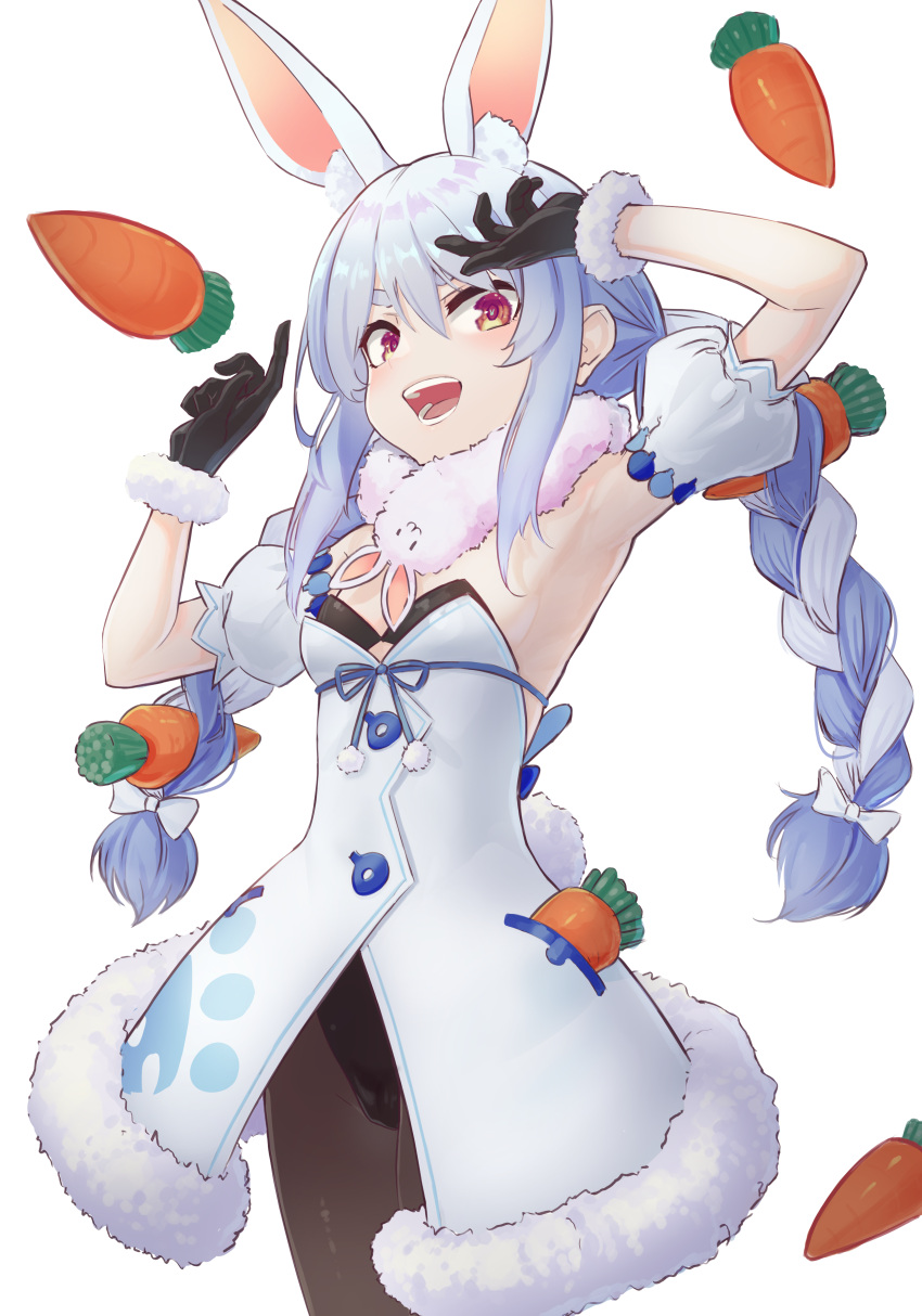 1girl :d absurdres animal_ears armpits arms_up bare_shoulders black_gloves black_leotard blue_hair braid breasts brown_legwear bunny_girl bunny_tail carrot carrot_hair_ornament coat cowboy_shot detached_sleeves extra_ears food_themed_hair_ornament fur_collar fur_trim gloves hair_ornament highres hololive leotard long_hair looking_at_viewer open_mouth orange_eyes pantyhose rabbit_ears short_sleeves sidelocks slrspdlv small_breasts smile solo standing strapless strapless_leotard tail thick_eyebrows twin_braids twintails usada_pekora v-shaped_eyebrows virtual_youtuber white_background white_coat
