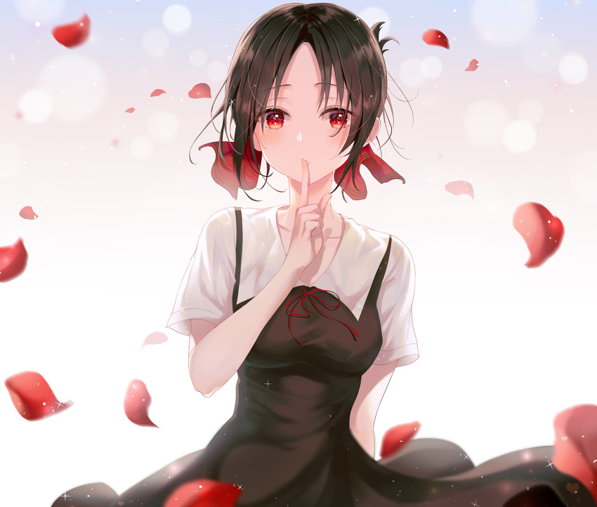 1girl arm_at_side bangs black_dress black_hair blurry blush breasts closed_mouth collarbone commentary_request cowboy_shot dress duplicate finger_to_mouth folded_ponytail hair_ribbon hand_up heart heart_print heeri highres kaguya-sama_wa_kokurasetai_~tensai-tachi_no_renai_zunousen~ looking_at_viewer parted_bangs petals red_eyes red_ribbon ribbon rose_petals school_uniform shinomiya_kaguya short_hair short_sleeves shushing shuuchiin_academy_uniform solo summer_uniform watermark