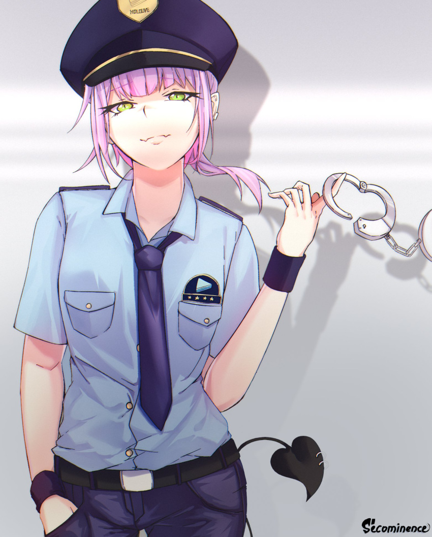 1girl 2ndeminence alternate_costume alternate_hairstyle belt black_belt blue_headwear blue_neckwear blue_pants collared_shirt cuffs demon_tail hand_in_pocket handcuff_dangle handcuffs hat highres hololive looking_at_viewer necktie pants police police_hat police_uniform policewoman purple_hair shirt smug solo tail tied_hair tokoyami_towa uniform virtual_youtuber