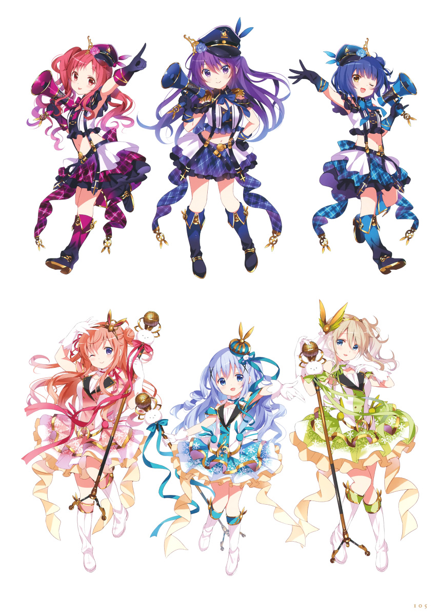 6+girls ;) absurdres aoyama_blue_mountain black_gloves blonde_hair blue_eyes blue_flower blue_hair blue_skirt blush boots brown_hair closed_mouth contrapposto daydream_show floating_hair flower full_body gloves gochuumon_wa_usagi_desu_ka? hand_on_hip hat hat_flower highres holding holding_megaphone holding_microphone hoto_mocha idol index_finger_raised jouga_maya kafuu_chino knee_boots koi_(koisan) layered_skirt long_hair looking_at_viewer medium_hair megaphone microphone microphone_stand midriff miniskirt multiple_girls natsu_megumi navel one_eye_closed pink_flower plaid plaid_skirt purple_flower purple_hair purple_skirt red_eyes red_skirt redhead rose shiny shiny_hair silver_hair simple_background skirt smile stomach suspender_skirt suspenders tedeza_rize tippy_(gochiusa) very_long_hair violet_eyes white_background white_footwear white_gloves yellow_eyes