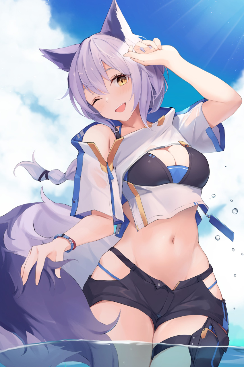1girl ;d absurdres animal_ears arknights bangs blue_sky clouds commentary_request cowboy_shot crop_top day hand_up head_tilt highres large_tail long_hair looking_at_viewer midriff mizu_(lzzrwi603) navel one_eye_closed open_mouth provence_(arknights) provence_(casual_vacation)_(arknights) purple_hair shirt sky smile solo standing stomach tail thighs wading water white_shirt wolf_ears wolf_tail yellow_eyes