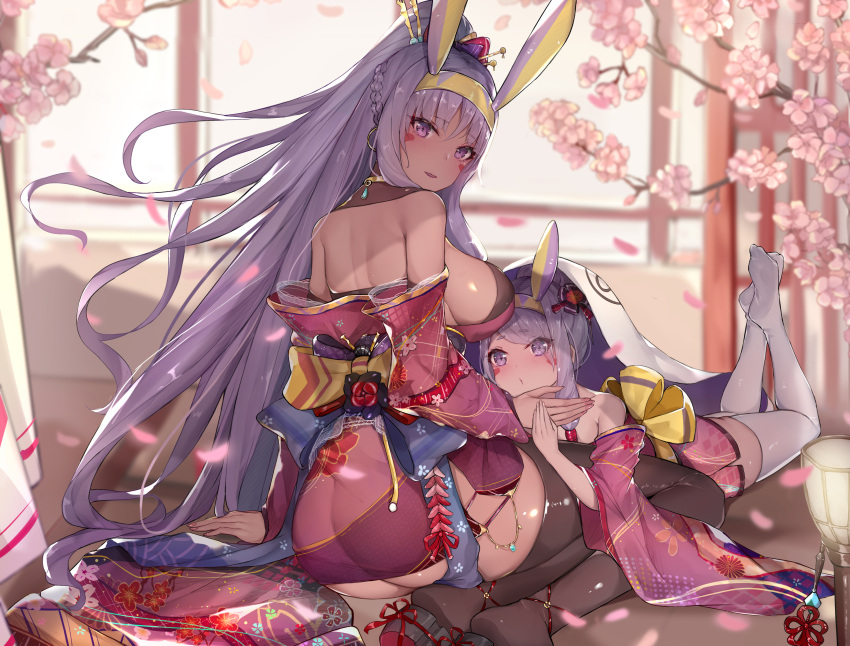2girls absurdres animal_ears ass back bangs bare_shoulders black_legwear blush braid breasts cherry_blossoms commentary_request dark_skin dark-skinned_female dual_persona earrings egyptian facepaint facial_mark fate/grand_order fate_(series) floral_print french_braid hair_tubes headband high_ponytail highres hoop_earrings jackal_ears japanese_clothes jewelry kimono large_breasts long_hair long_sleeves looking_at_viewer looking_back multiple_girls nitocris_(fate/grand_order) obi off_shoulder open_mouth purple_hair purple_kimono revision sash sherryqq sidelocks thigh-highs thighs violet_eyes white_legwear wide_sleeves younger
