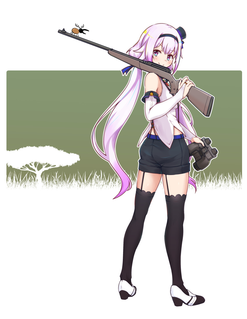 .live 1girl absurdres binoculars black_legwear carro_pino detached_sleeves full_body gun headband highres looking_at_viewer purple_hair rifle shoes shorts simple_background sleeveless smile solo standing thigh-highs violet_eyes virtual_youtuber weapon