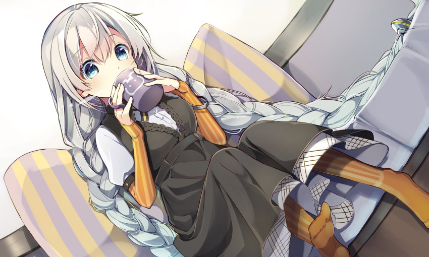 1girl black_dress blue_eyes bracelet braid breasts commentary couch cup cushion dress drinking dutch_angle elbow_gloves fingerless_gloves gloves grey_hair hair_tubes highres holding holding_cup indoors jewelry kizuna_akari long_hair medium_breasts no_shoes orange_gloves orange_legwear rasu_(mtn) sitting solo striped striped_gloves striped_legwear twin_braids very_long_hair voiceroid