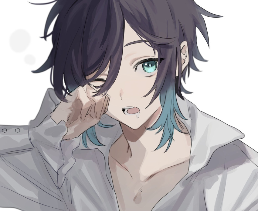 1boy bangs black_hair blue_eyes blue_hair dress_shirt genshin_impact gradient_hair hair_between_eyes highres long_sleeves male_focus multicolored_hair one_eye_closed poi_poifu rubbing_eyes saliva shirt sidelocks simple_background solo upper_body venti_(genshin_impact) white_background white_shirt