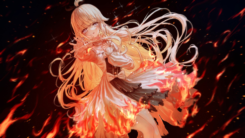 1girl ahoge bangs blonde_hair blush burning commentary commission dress dutch_angle eyebrows_visible_through_hair feet_out_of_frame fire grey_eyes highres long_hair long_sleeves looking_at_viewer original outstretched_arm parted_lips puffy_long_sleeves puffy_sleeves sleeves_past_wrists solo tandohark tears very_long_hair water_drop white_dress