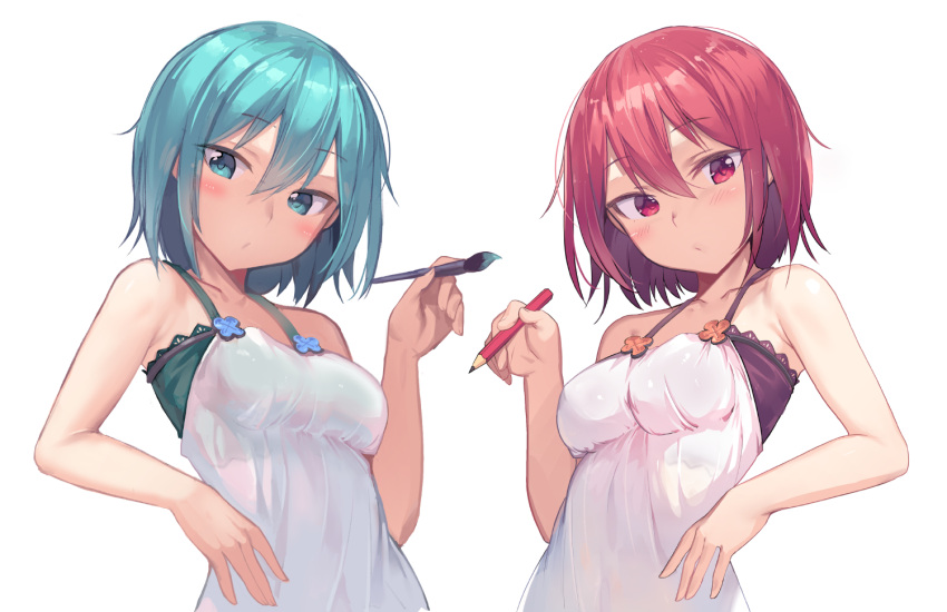 2girls bangs bare_arms bare_shoulders blue_eyes blue_hair blush breasts closed_mouth collarbone commentary_request dress eyebrows_visible_through_hair hair_between_eyes holding holding_paintbrush holding_pen looking_at_viewer medium_breasts multiple_girls newey original paintbrush pen red_eyes redhead simple_background sleeveless sleeveless_dress upper_body white_background white_dress