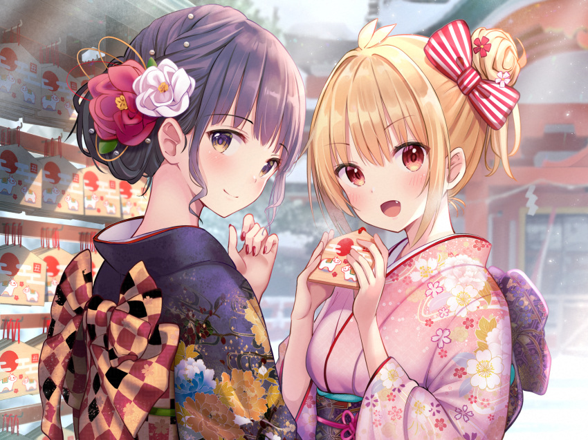 2girls :d bangs blonde_hair blurry blurry_background blush bow breasts commentary_request depth_of_field ema eyebrows_visible_through_hair fang floral_print flower hair_bow hair_bun hair_flower hair_intakes hair_ornament hands_up highres holding japanese_clothes kimono long_sleeves looking_at_viewer looking_back multiple_girls nail_polish obi open_mouth original pink_kimono print_kimono purple_hair purple_kimono red_eyes red_flower red_nails sash small_breasts smile striped striped_bow torii u_rin violet_eyes white_flower wide_sleeves