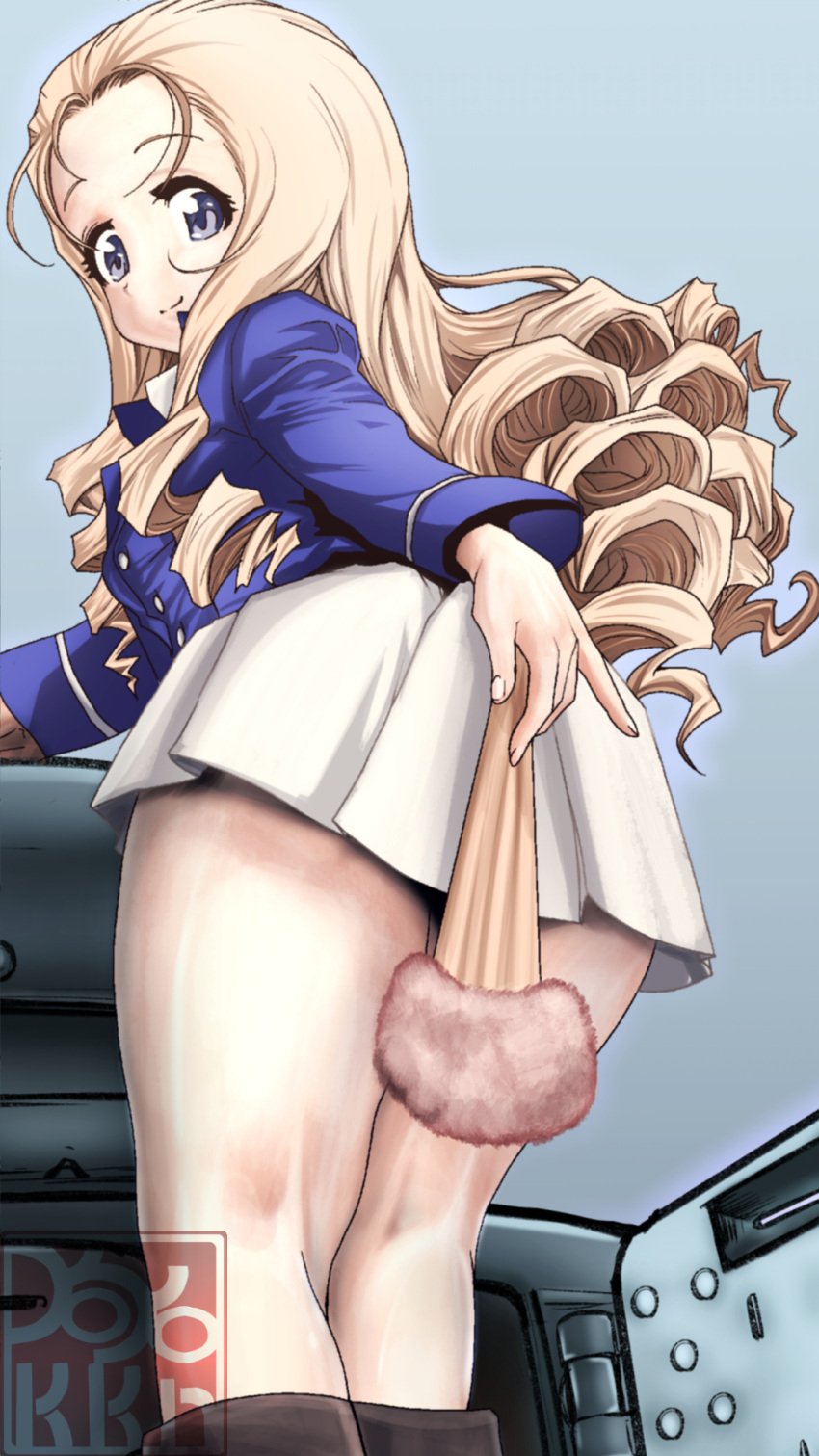 1girl alternate_eye_color artist_logo bc_freedom_military_uniform black_footwear blonde_hair blue_eyes blue_jacket boots closed_mouth commentary_request covering covering_ass drill_hair fan folding_fan from_behind ft-17 girls_und_panzer highres holding holding_fan jacket knee_boots kneepits leaning_forward long_hair long_sleeves looking_at_viewer looking_back marie_(girls_und_panzer) military military_uniform miniskirt partial_commentary pleated_skirt revision skirt smile solo standing uniform white_skirt yoyokkun